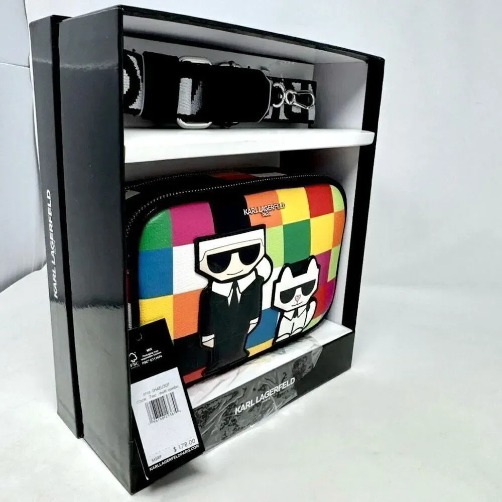NWT Rare KARL LAGERFELD Cat Maybelle Camera Multi Color Crossbody Bag Gift  Box